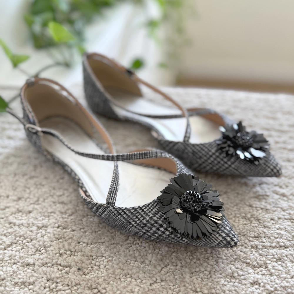 J. Crew SADIE AUDREY CRISS-CROSS PLAID Women Black HOUNDSTOOTH Pointed‎ 9 FLOWER